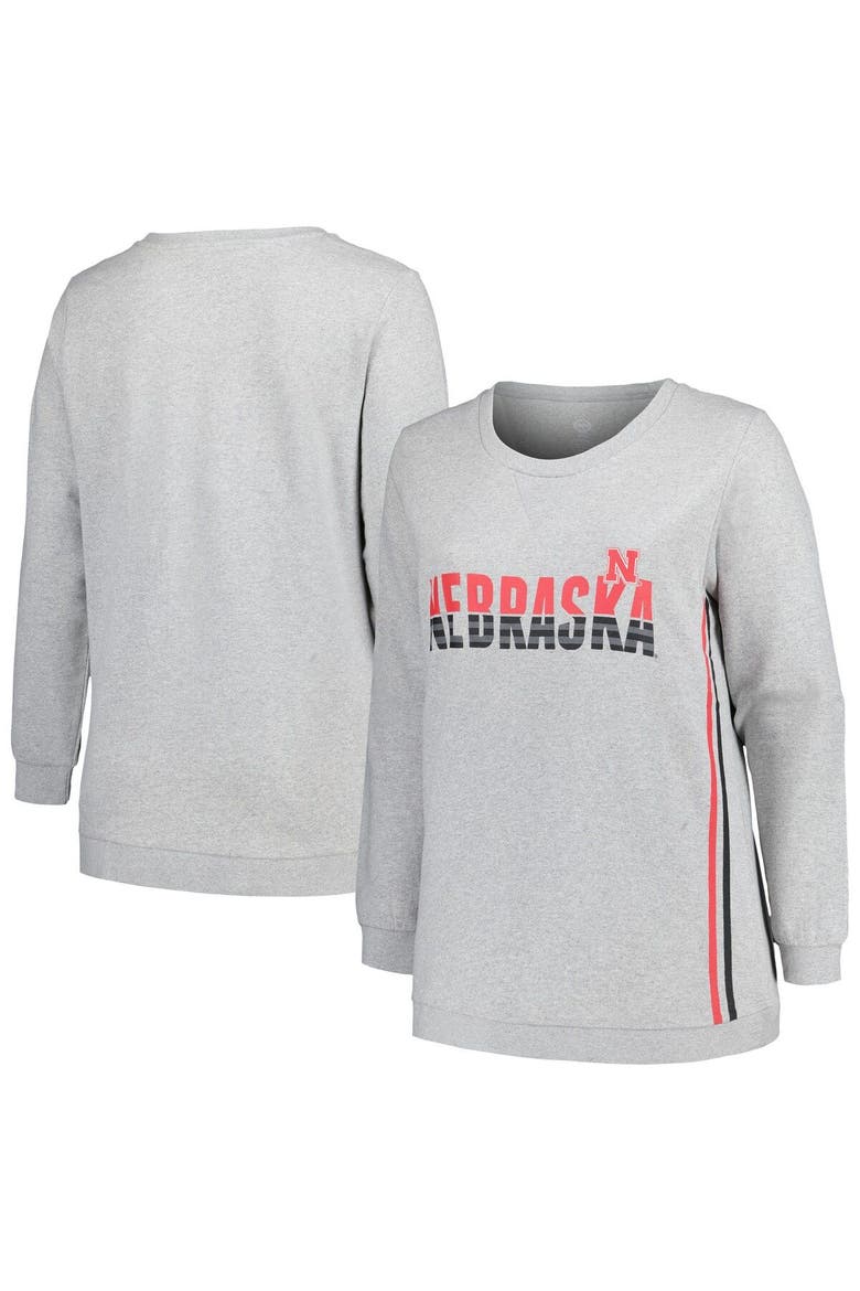 Women's Profile Heather Gray Nebraska Huskers Plus Size Side Stripe Pullover Sweatshirt, Main, color, Heather Gray