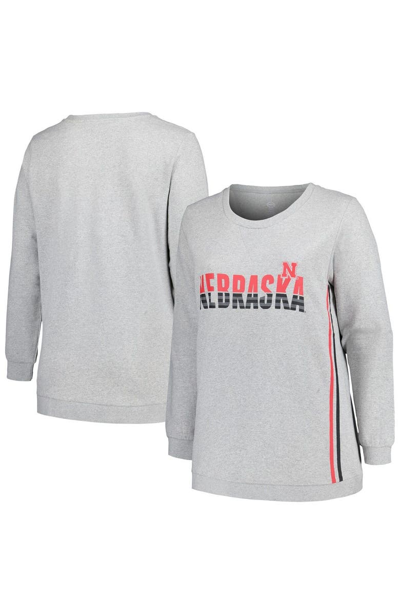PROFILE Women's Profile Heather Gray Nebraska Huskers Plus Size Side Stripe Pullover Sweatshirt, Main, color, Heather Gray