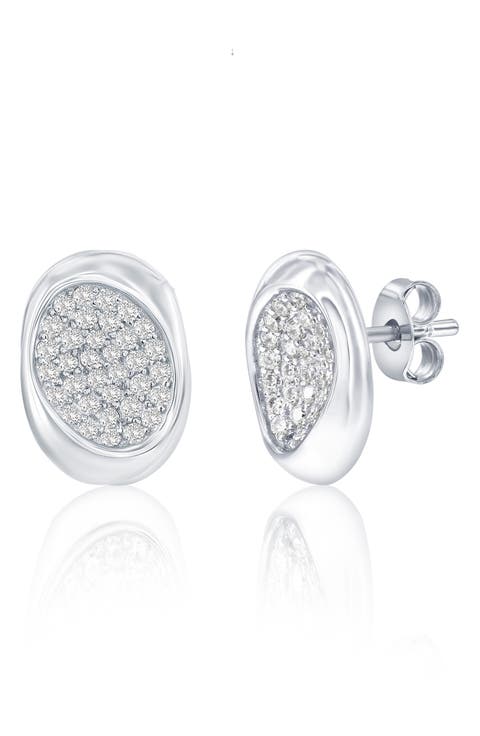 Sterling Silver Pavé CZ Oval Stud Earrings