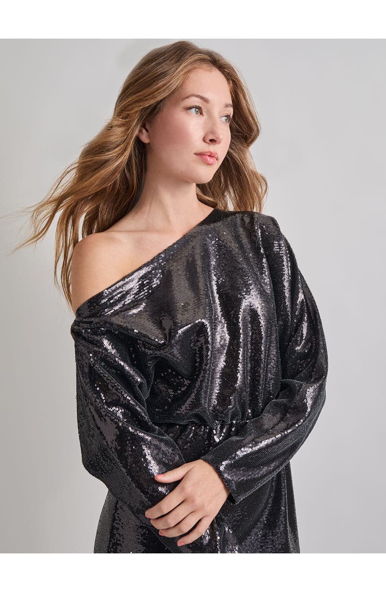 Misook Modern Fit Sequin Novelty Woven Blouson Midi Dress, Alternate, color, Black