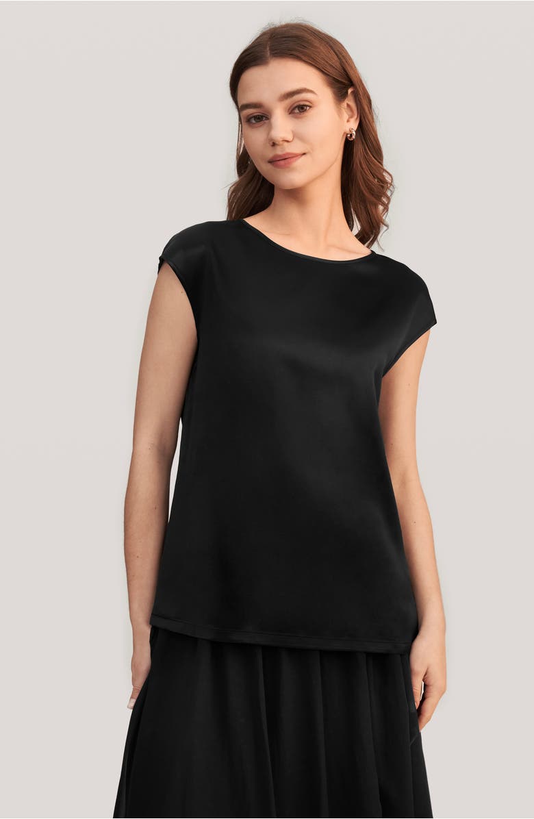 Lilysilk Basic Cap Sleeves Silk Tee, Alternate, color, Black
