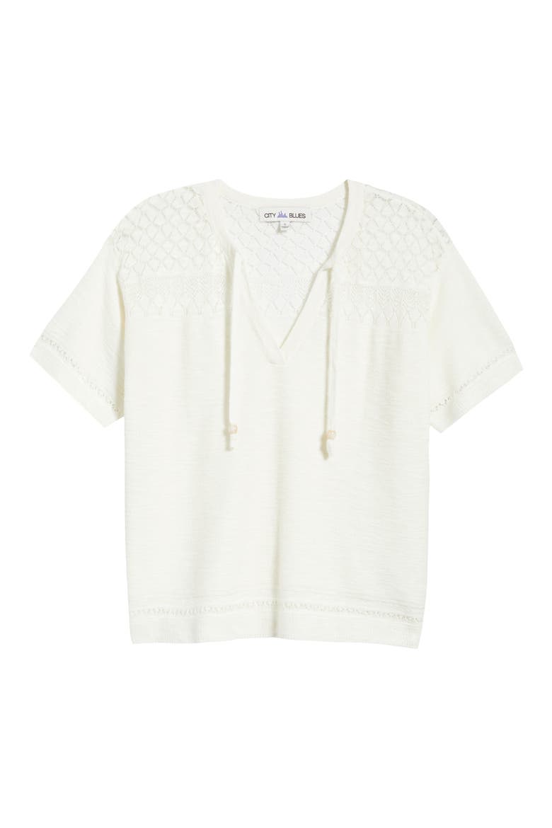 Tie Neck Pointelle Top, Alternate, color, GARDENIA