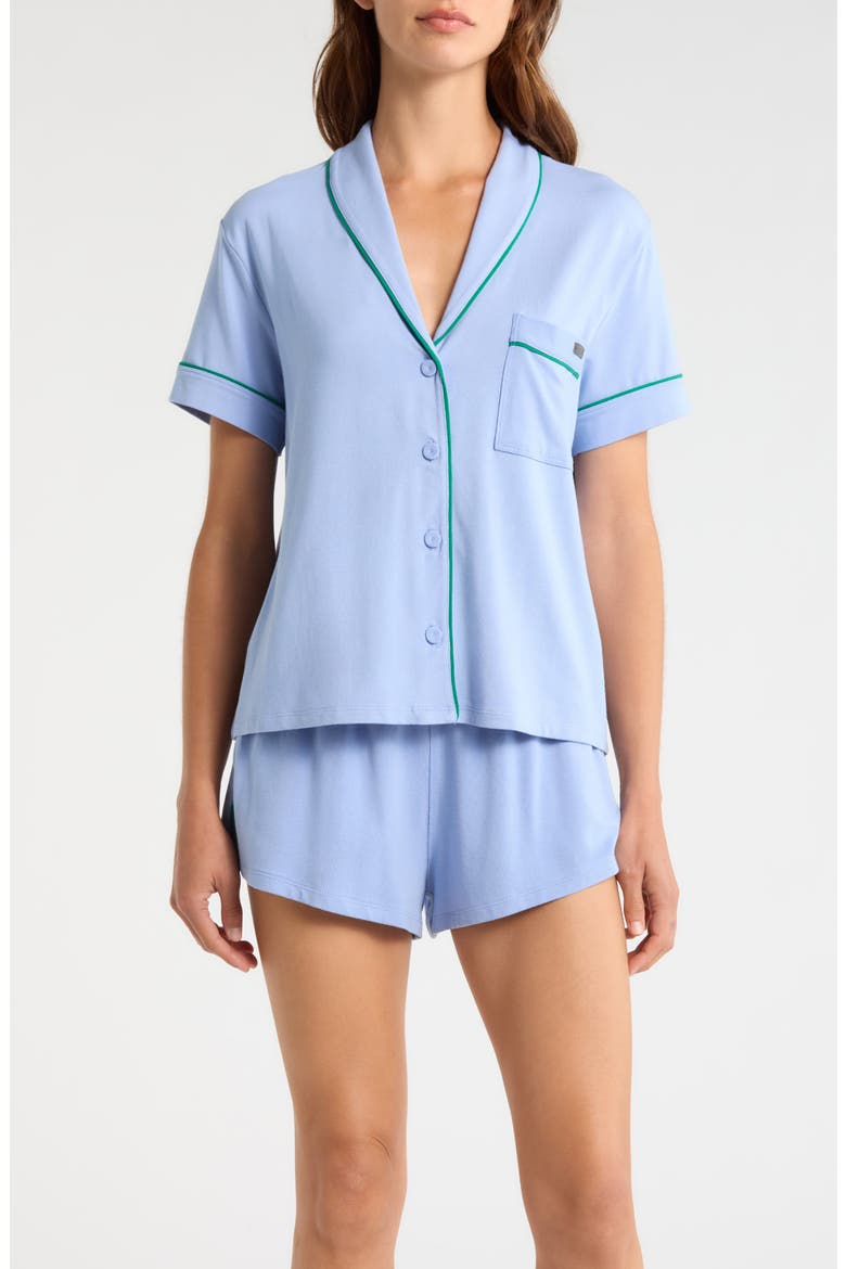 Slumberknit™ Shawl Collar Short Pajamas, Main, color, BLUEBELL BLOOM/ SPRING CLOVER