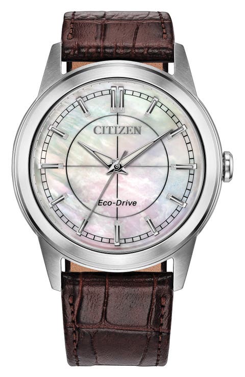 Rolan Leather Strap Eco-Drive Watch, 37mm