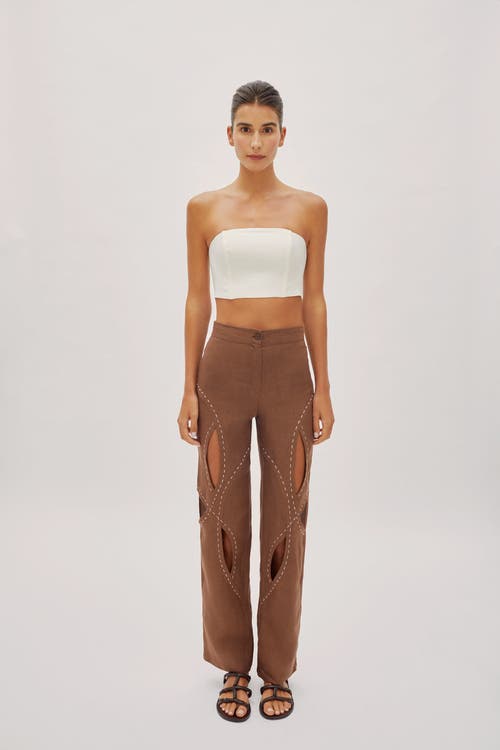 Labeca London Asher Cappuccino Linen Cut Out Contrast Stitch Pants In Brown