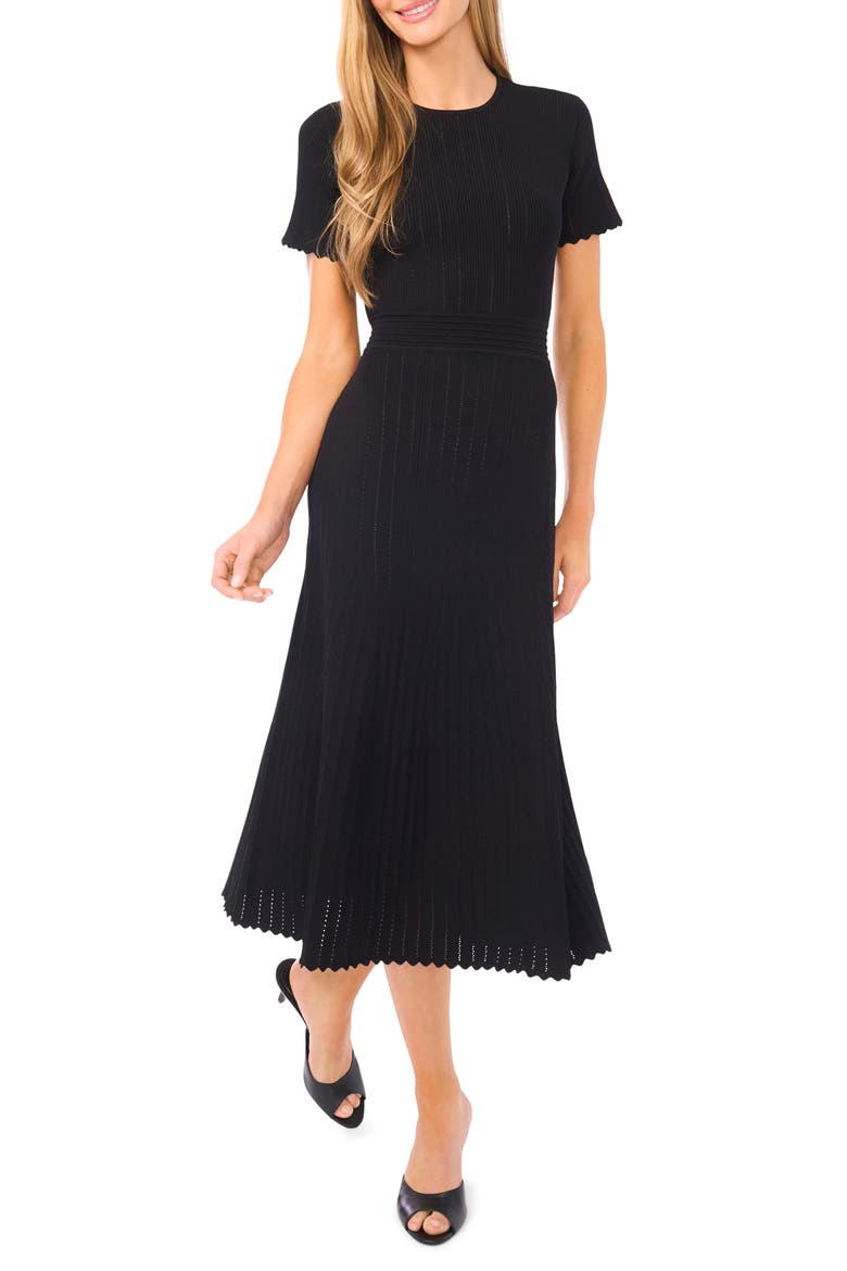 Pointelle Short Sleeve Midi Dress, Main, color, RICH BLACK