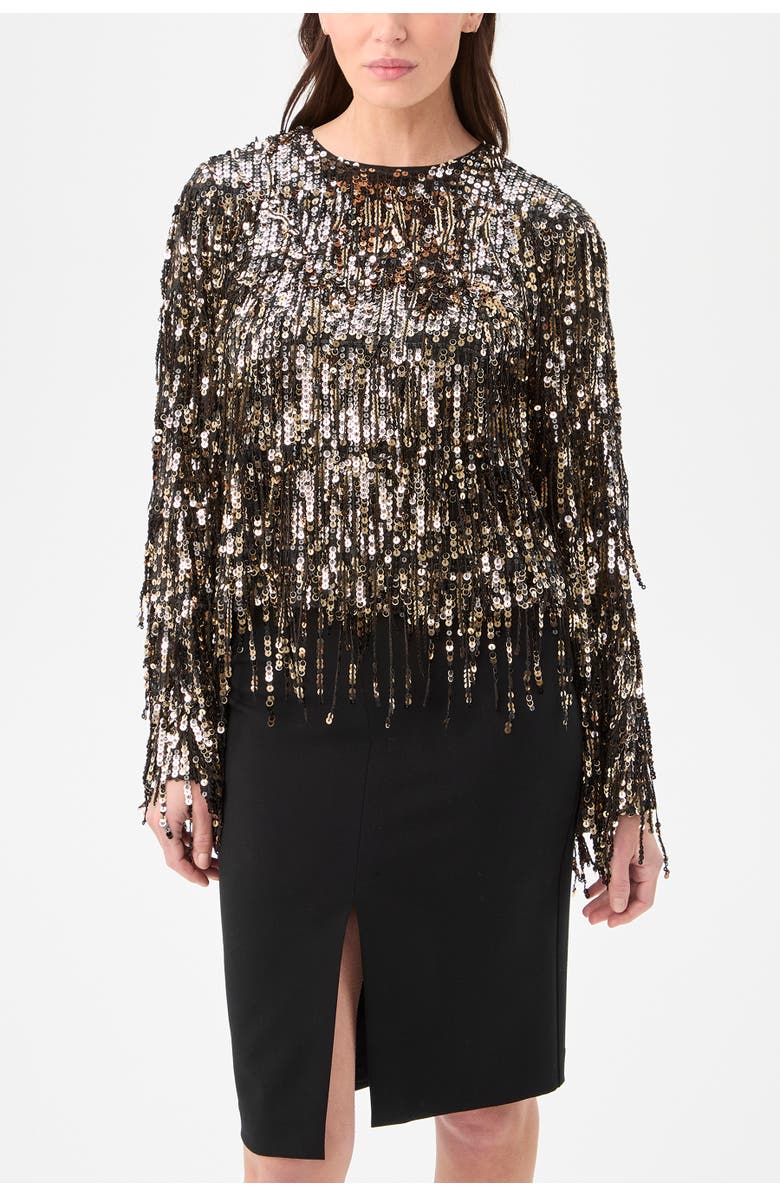 Trina Turk Satine Fringed Sequin Top, Alternate, color, Black/Gold