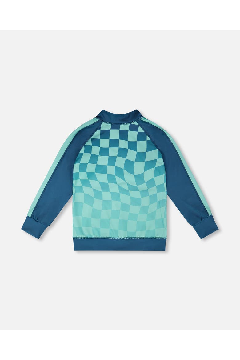 Full Zip Athletic Cardigan Checkerboard in Recycled Polyester, Alternate, color, Teal Printed Checkerboard