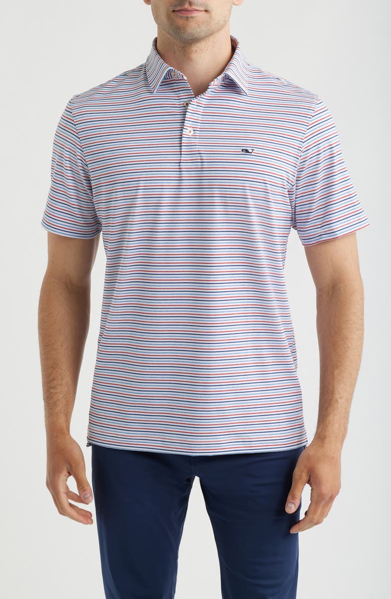 vineyard vines Stripe Sankaty Short Sleeve Performance Polo, Main, color, White/Hull Blu/Red