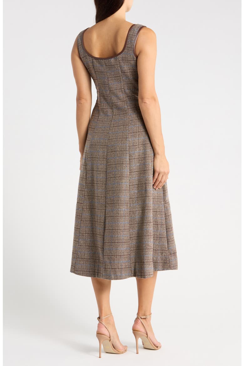 Plaid Faux Leather Trim A-Line Midi Dress, Alternate, color, BROWN