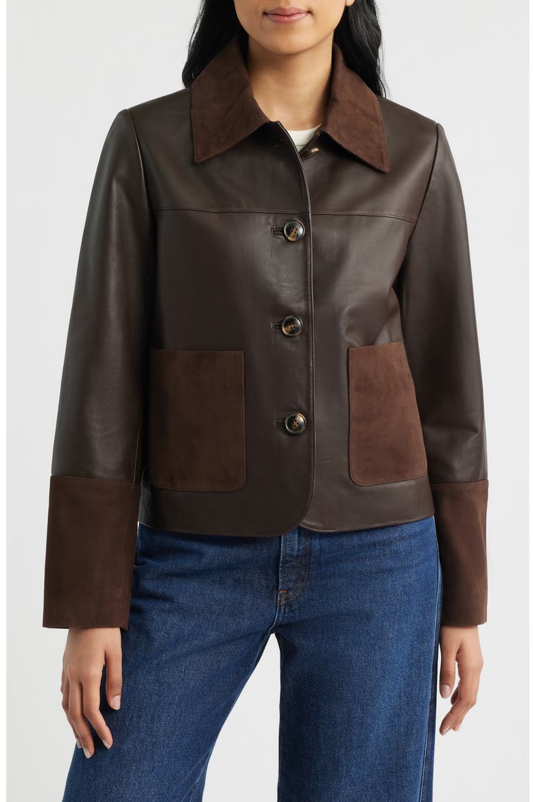 Short Mixed Media Leather Jacket, Alternate, color, CHOCOLATE