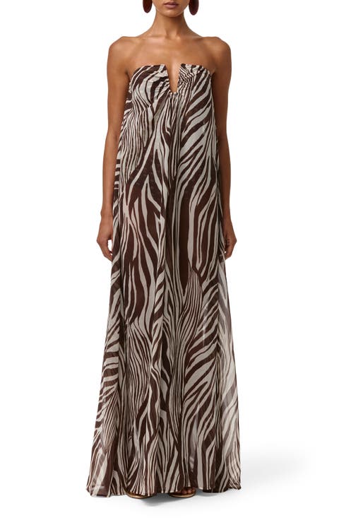 Abstract Animal Print Strapless Wide Leg Chiffon Jumpsuit
