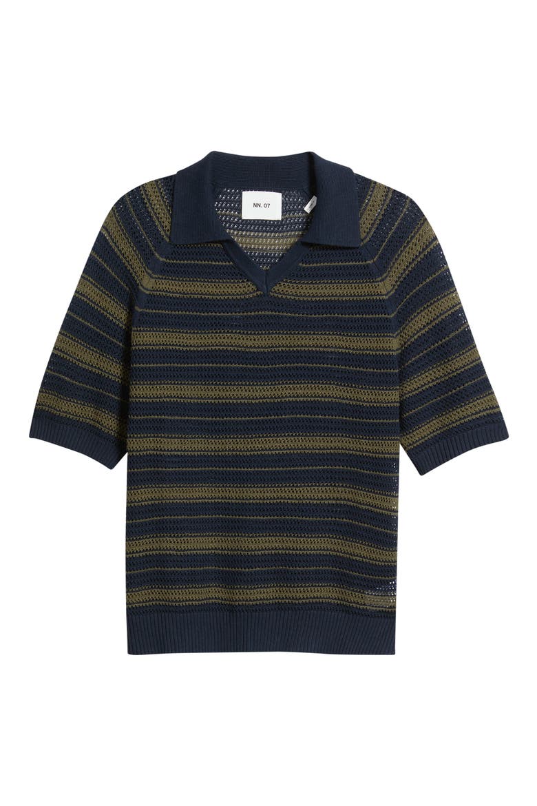 Cale 60056 Stripe Johnny Collar Openwork Linen & Cotton Polo Sweater, Alternate, color, CAPERS STRIPE
