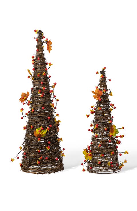 24"H Set of 2 Fall Ratten Berries and Maple Leaves Table Tree