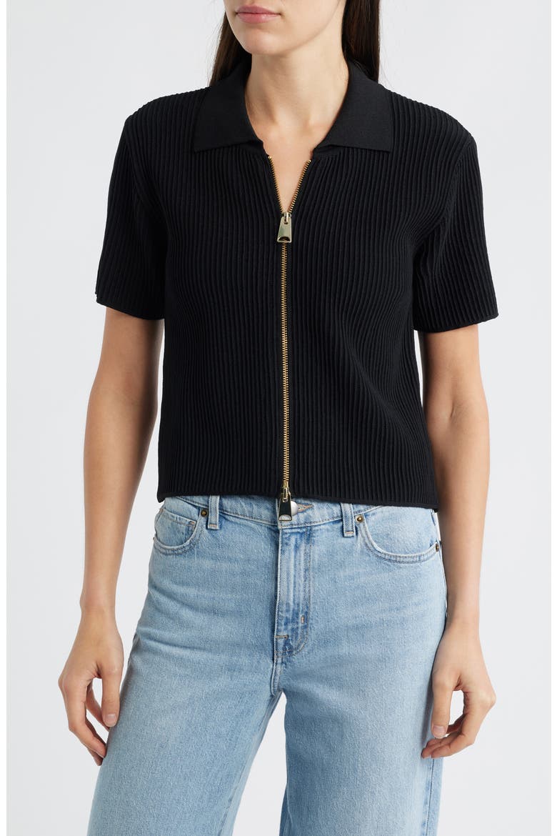 Fron Zip Rib Sweater, Main, color, BLACK