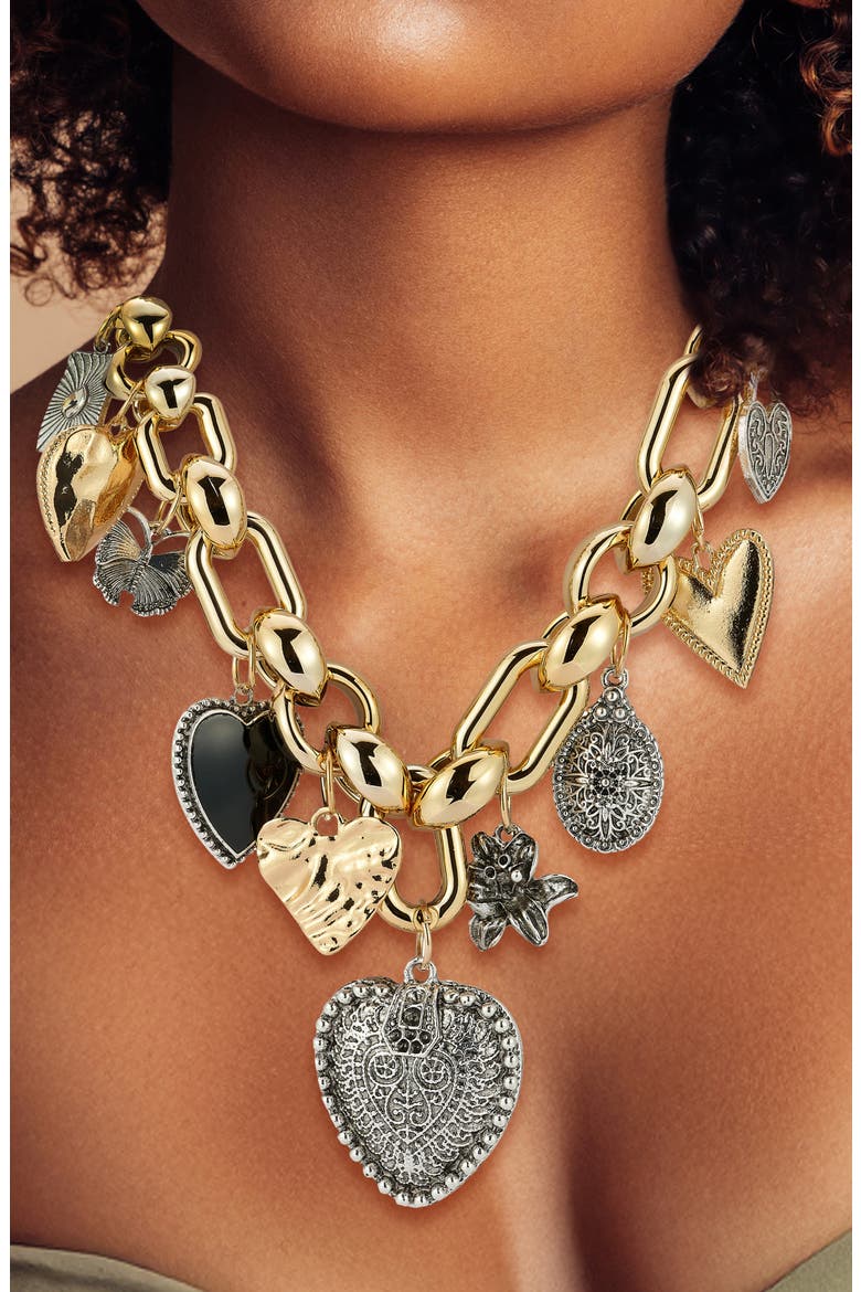 Two Tone Heart Charm Statement Necklace, Alternate, color, MULTI/ TWO TONE