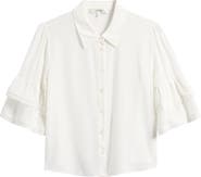 FRAME Lace Trim Ruffle Sleeve Silk Button-Up Top