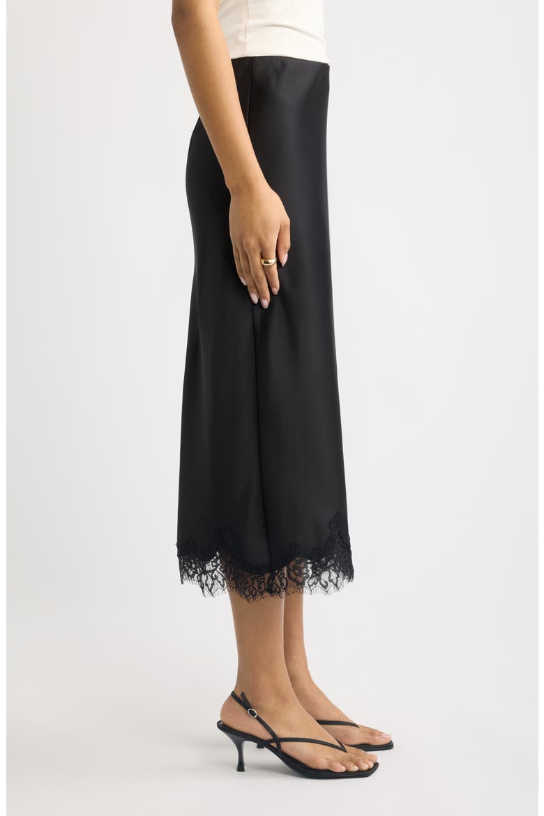 Lace Trim Satin Midi Skirt, Alternate, color, BLACK