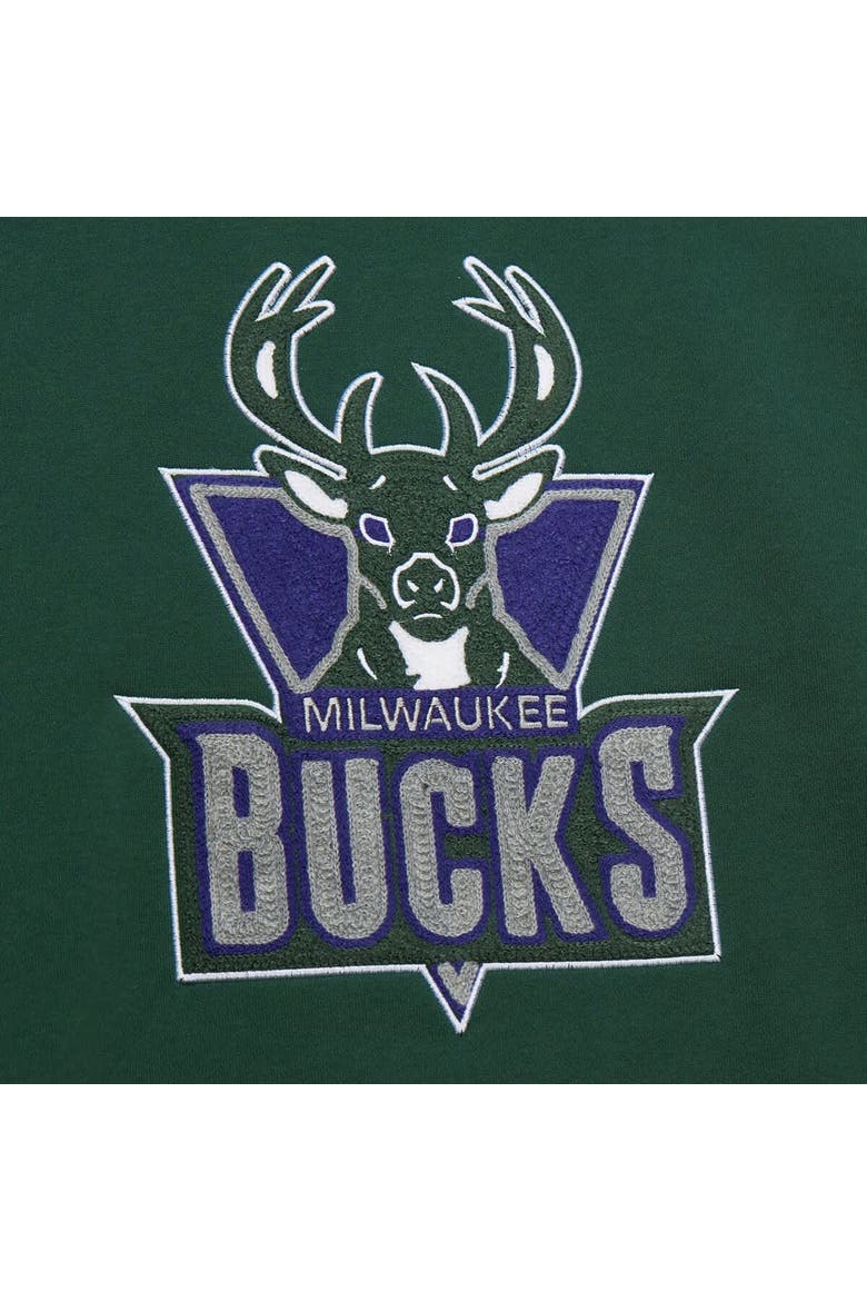 Men's Mitchell & Ness Hunter Green Milwaukee Bucks Hardwood Classics Chainstitch Vintage Heavyweight Pullover Hoodie, Alternate, color, Hunter Green
