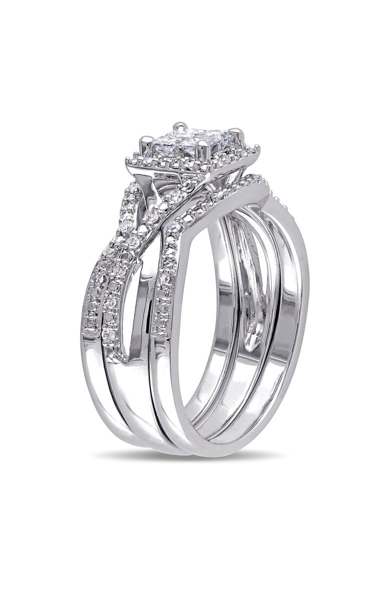 DELMAR Set of 3 Princess Cut Diamond Halo Stackable Rings, Alternate, color, White