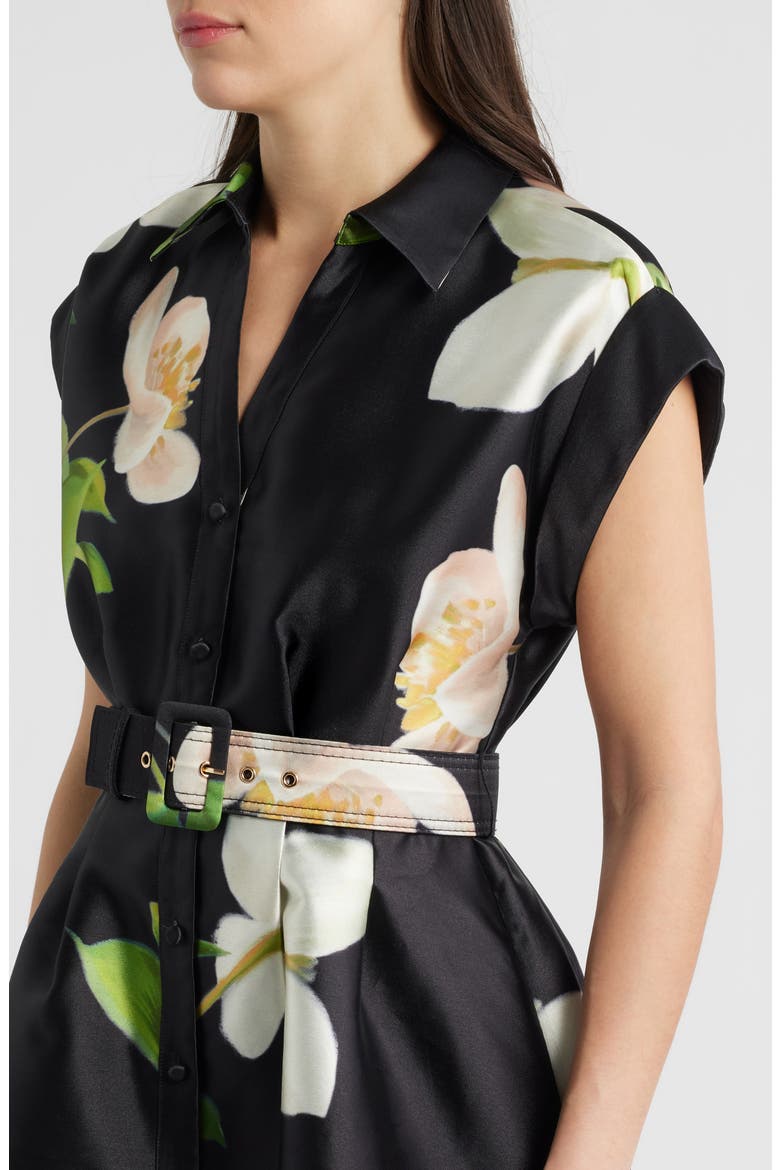 Belted Floral Mikado Shirtdress, Alternate, color, BLACK
