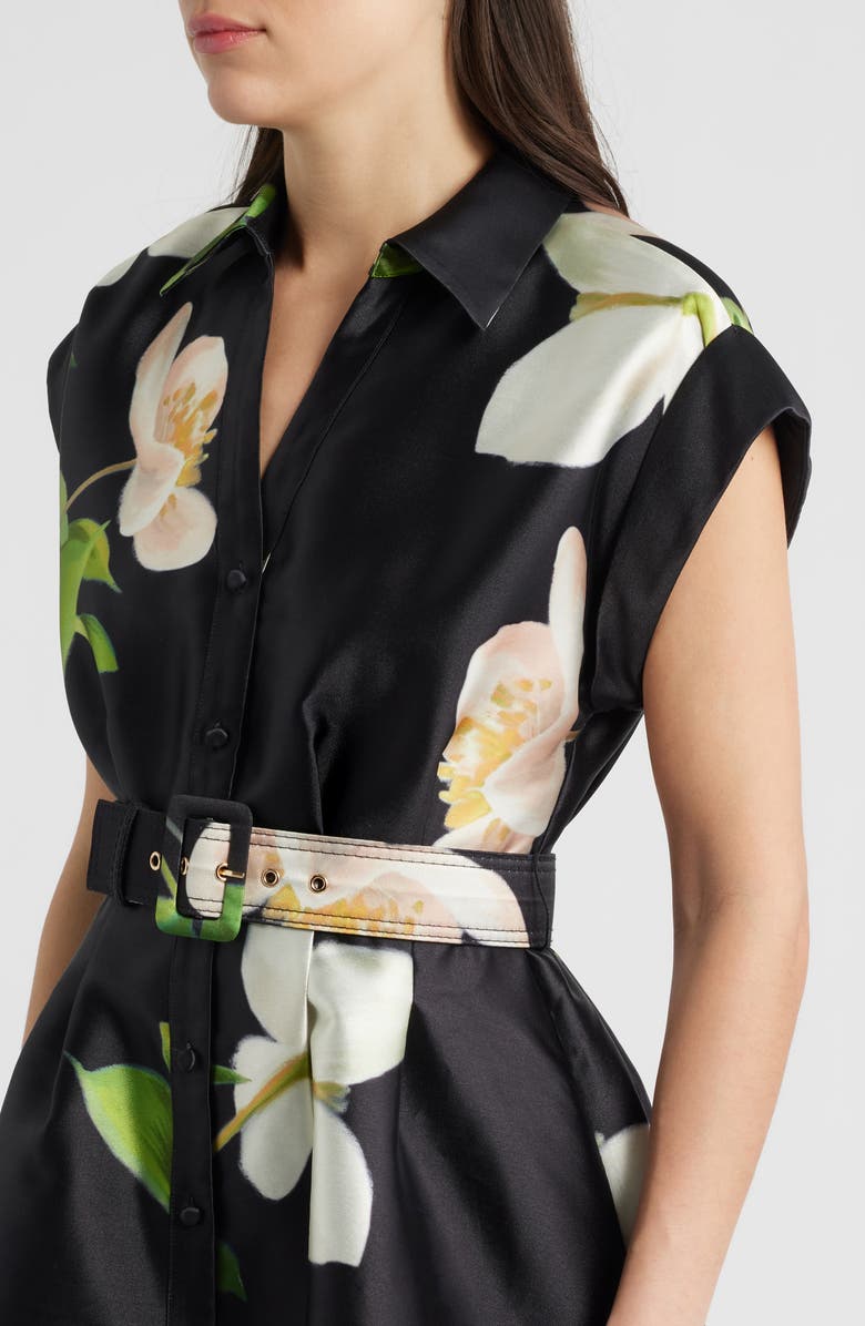 Julia Jordan Belted Floral Mikado Shirtdress, Alternate, color, Black