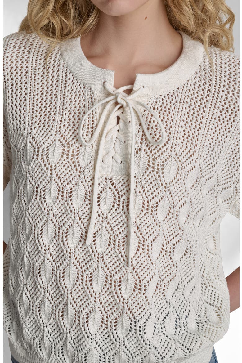 Lace-Up Placket Short Sleeve Semisheer Cotton Blend Pointelle Sweater, Alternate, color, COCONUT