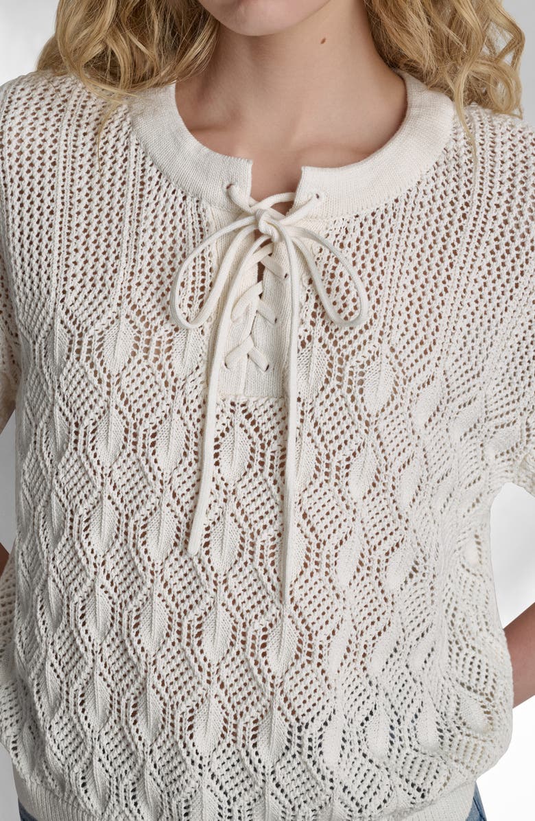 DKNY Lace-Up Placket Short Sleeve Semisheer Cotton Blend Pointelle Sweater, Alternate, color, Coconut