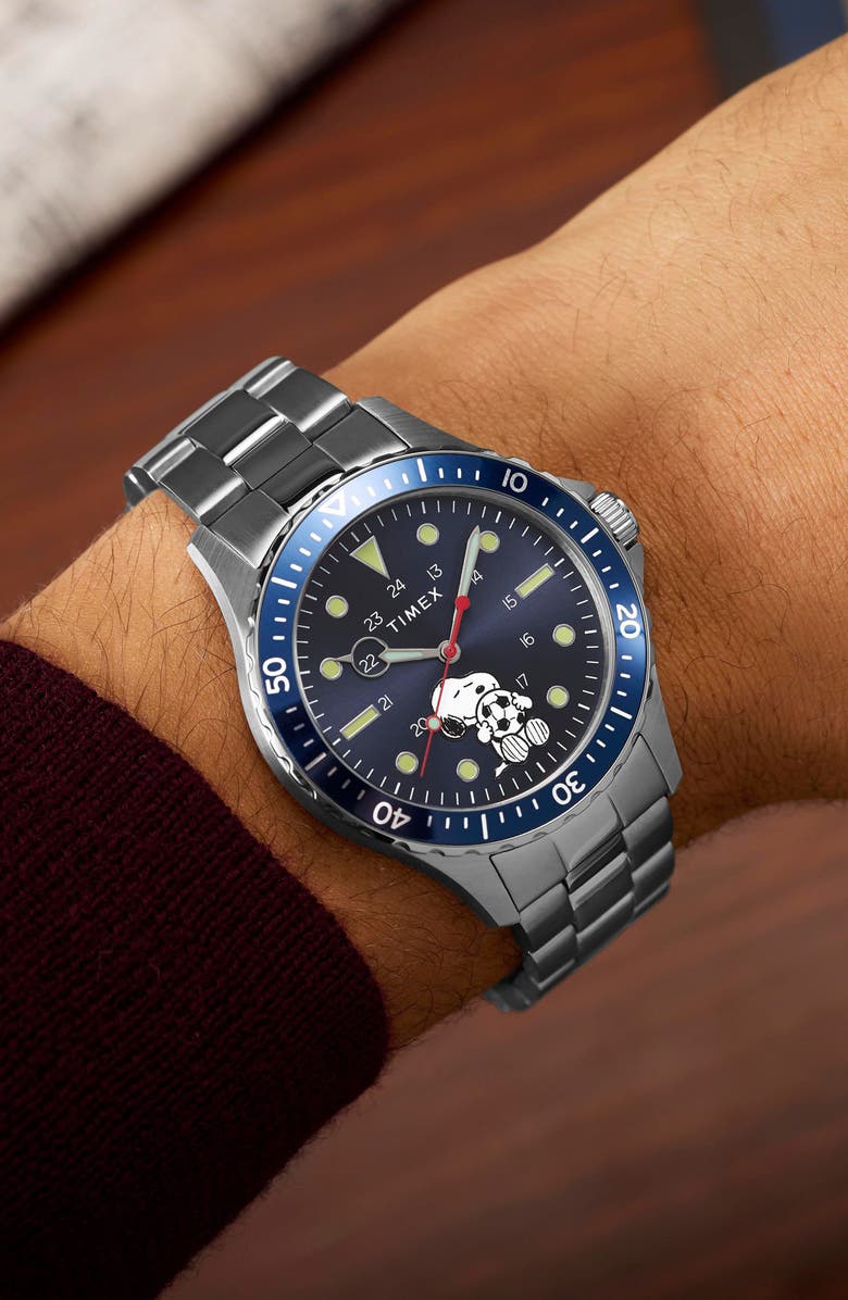 Timex<sup>®</sup> Peanuts<sup>®</sup> x Timex Snoopy Soccer 41mm Staineless Steel Watch, Alternate, color, Blue/ Stainless Steel