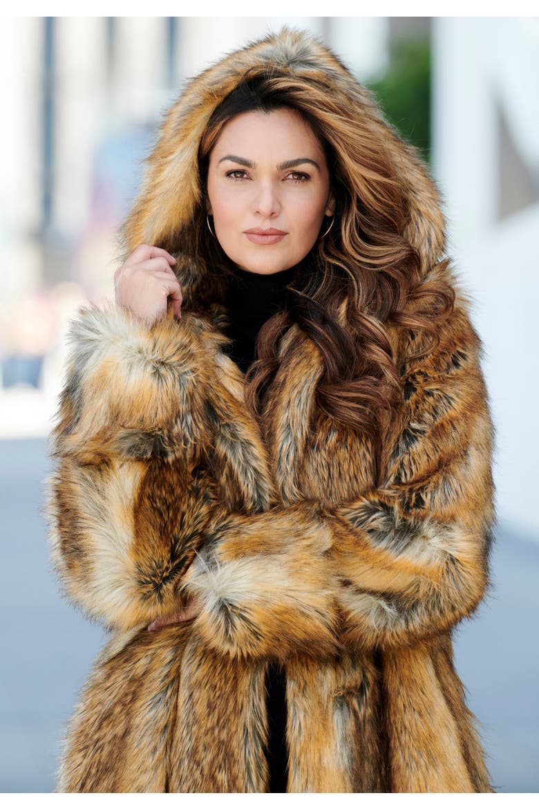 Plus Size Hooded Faux Fur Coat, Alternate, color, BLACK