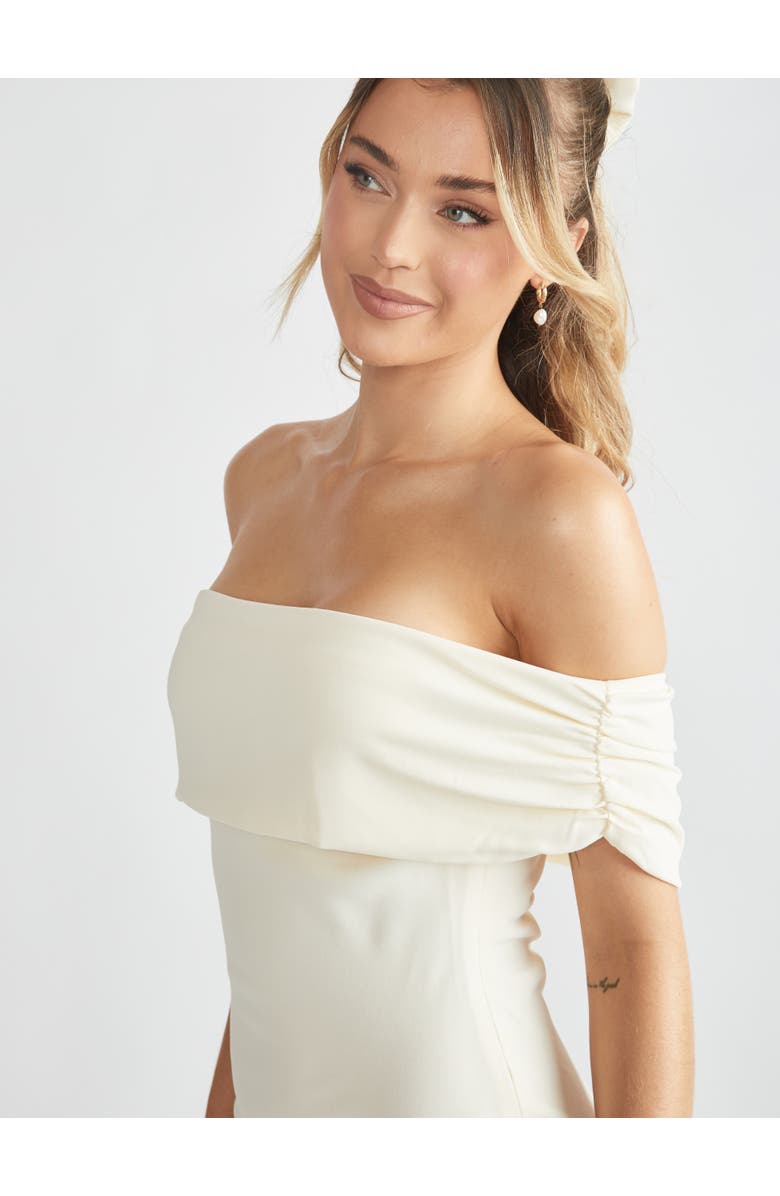 Six Stories Bardot Gathered Crepe Bridesmaid Dress, Alternate, color, Almond