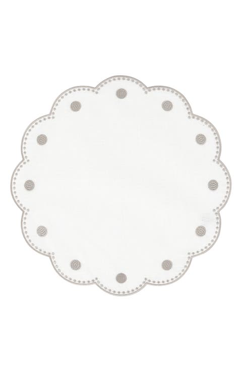 Tessuti Set of 4 Round White Linen Placemats with Grey Dot Embroidery