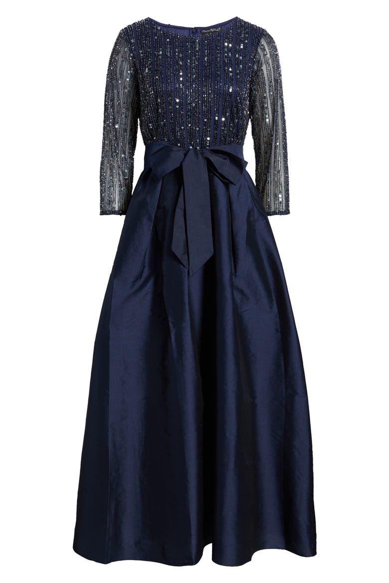Bow Long Sleeve Sequin & Taffeta Gown, Alternate, color, NAVY