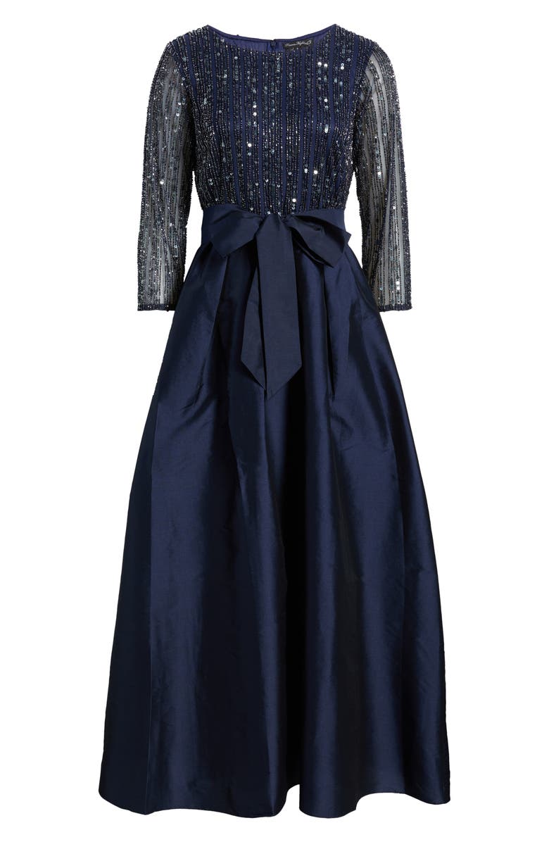 Pisarro Nights Bow Long Sleeve Sequin & Taffeta Gown, Alternate, color, Navy