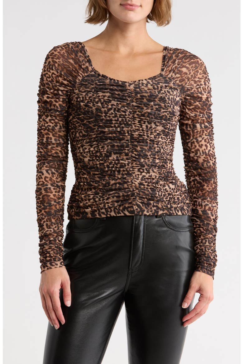 Ruched Mesh Top, Main, color, BROWN/ BLACK LEOPARD