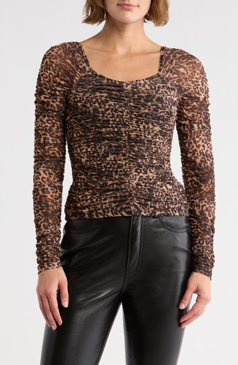 Muse Ruched Mesh Top, Main, color, Brown/ Black Leopard
