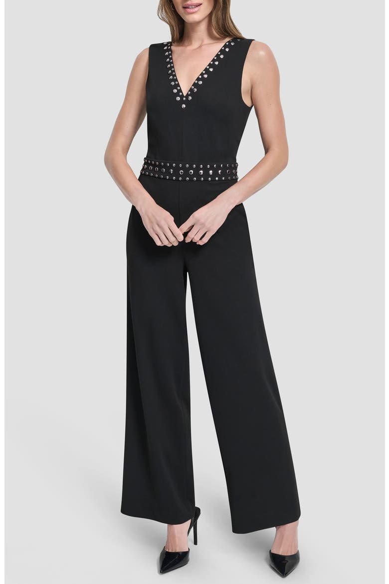 Stud Detail Scuba Crepe Jumpsuit, Main, color, BLACK