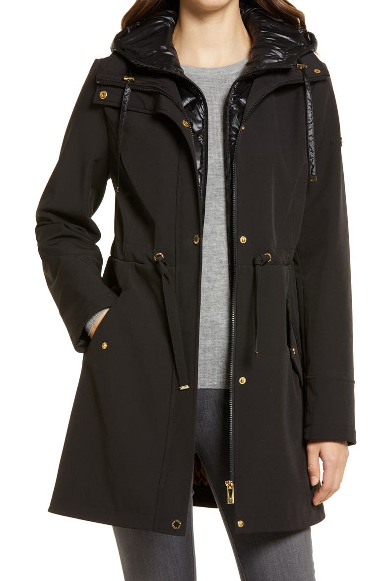 Water Repellent Coat with Quilted Hooded Liner, Main, color, BLACK