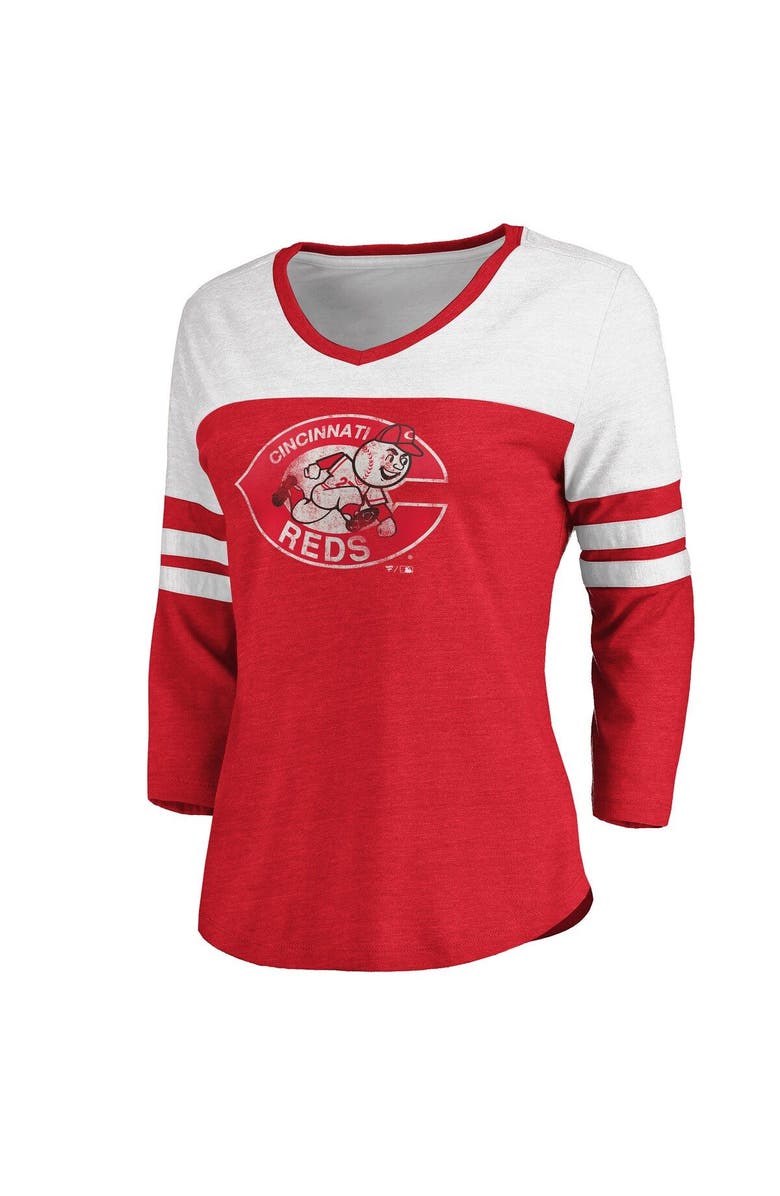 FANATICS Women's Fanatics Branded Heathered Red/White Cincinnati Reds Two-Toned Distressed Cooperstown Collection Tri-Blend 3/4-Sleeve V-Neck T-Shirt, Alternate, color, 