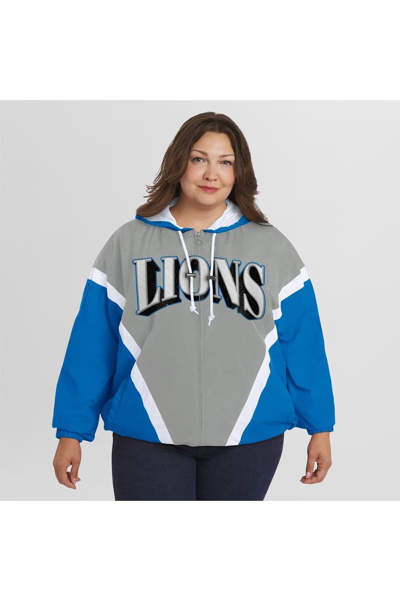 Women's WEAR by Erin Andrews Blue/Gray Detroit Lions Plus Size Retro Crinkle Full-Zip Hoodie Windbreaker Jacket, Alternate, color, Blue