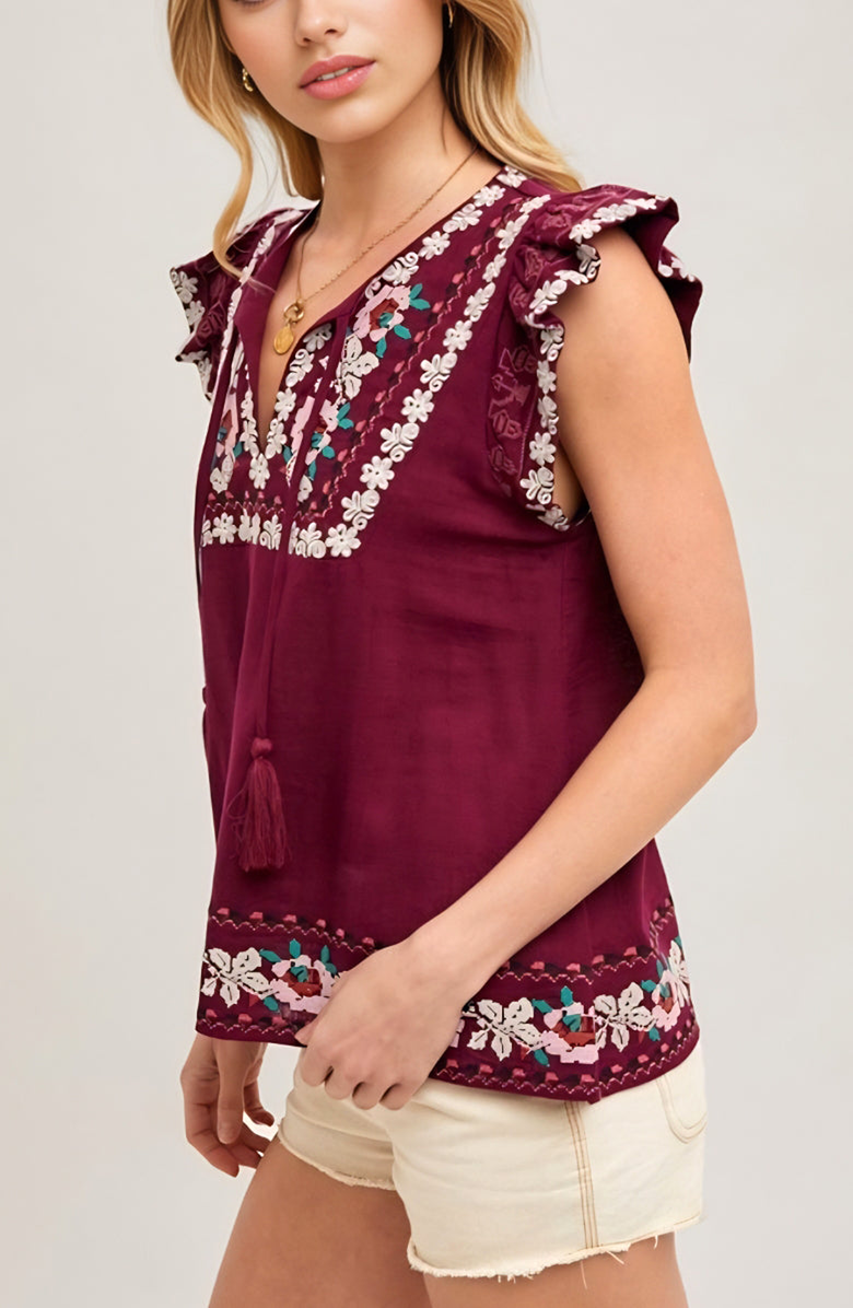 Knit and Lounge Floral Embroidered Flutter Sleeve Tassel Tie Boho Blouse, Alternate, color,