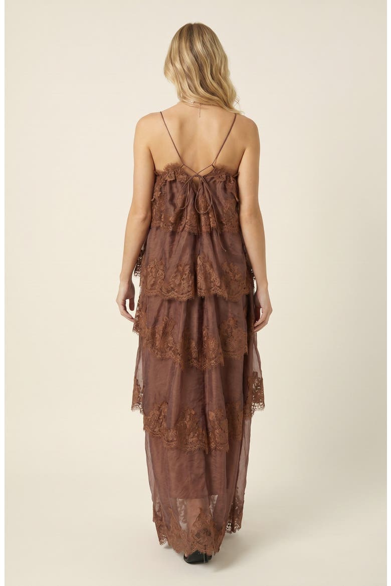 Sleeveless Lace Tiered Leaf Edge Hem Maxi Dress, Alternate, color, Brown