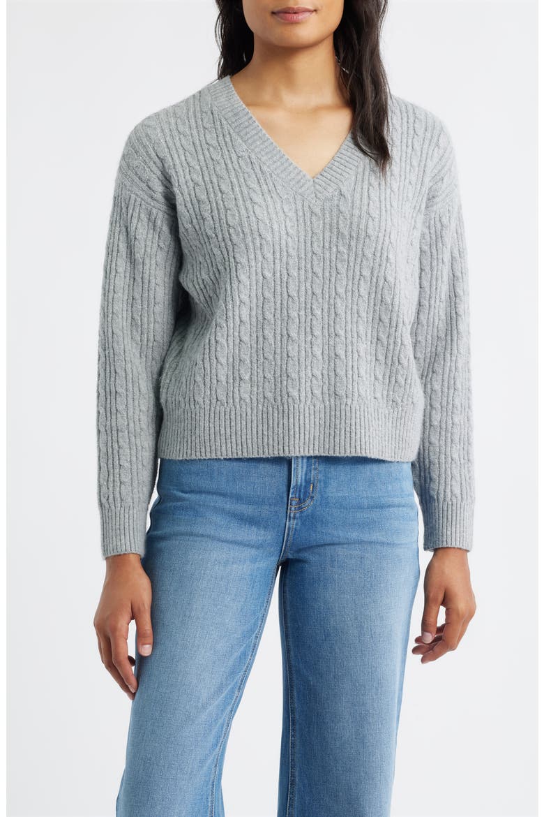 Cable V-Neck Sweater, Main, color, GRAY