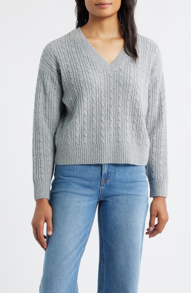 CITY BLUES Cable V-Neck Sweater, Main, color, Gray