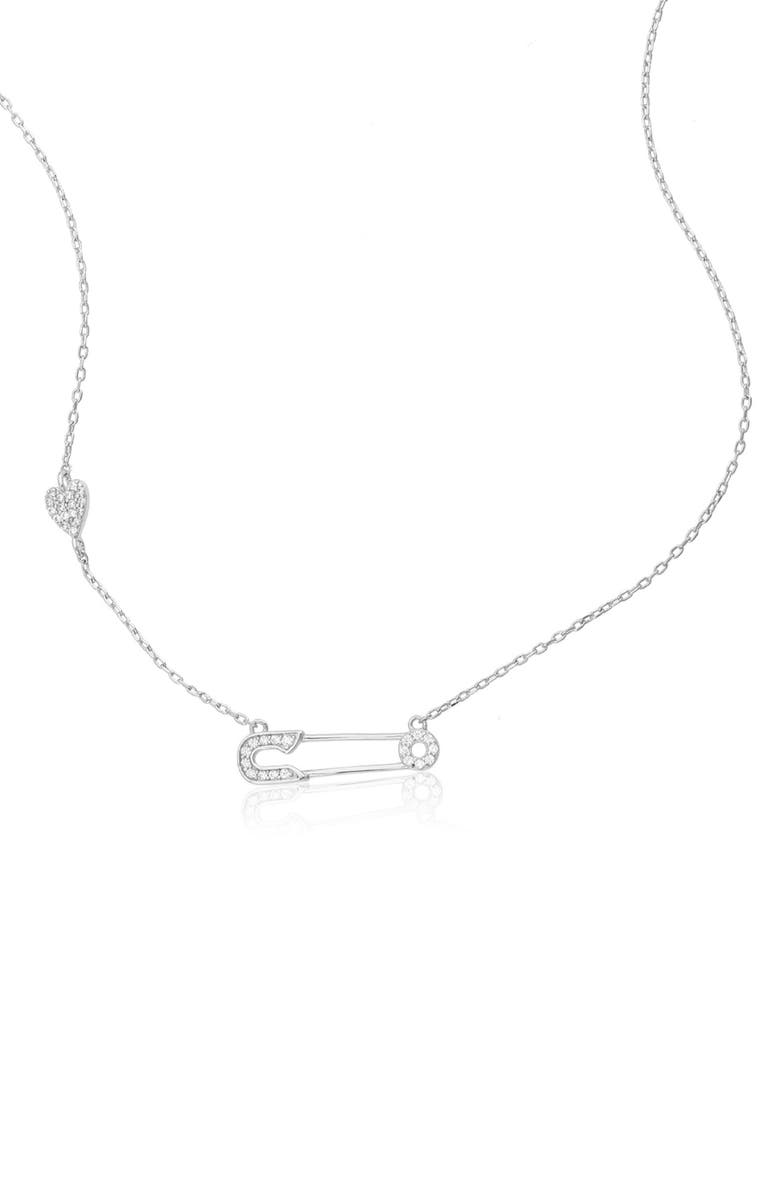 Adornia White Rhodium Plated Safety Pin Heart Necklace, Main, color,