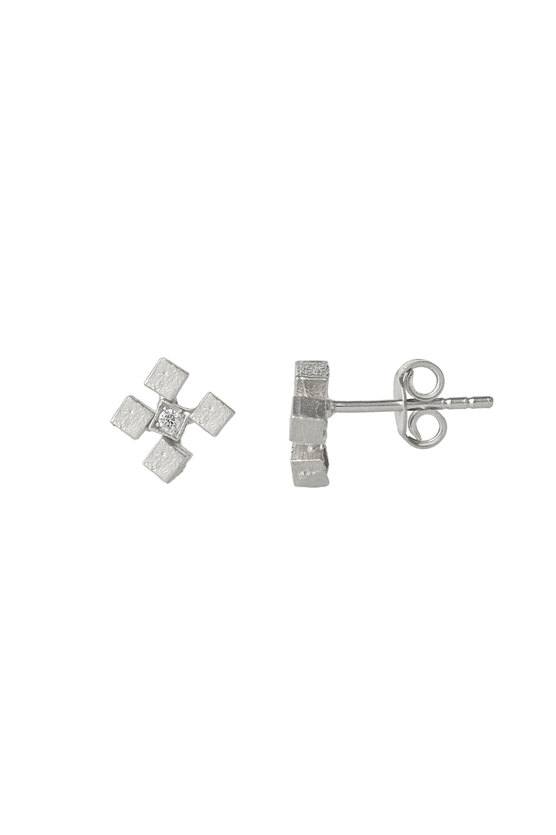 Four Cube Blocks Natural Textured Sterling Silver Authentic Stud Earrings, Main, color, Silver