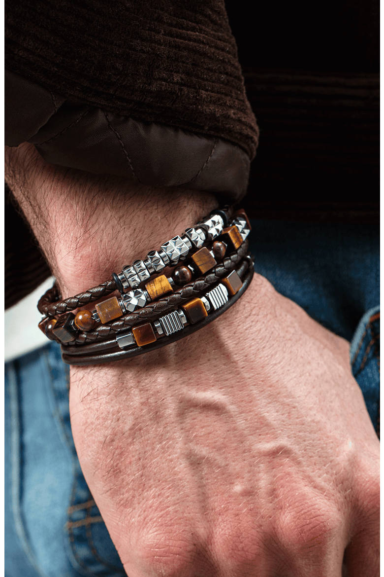 Tiger Eye Cube And Bead Bracelet With Stainless Steel Spikes Cubes, Alternate, color, Silver