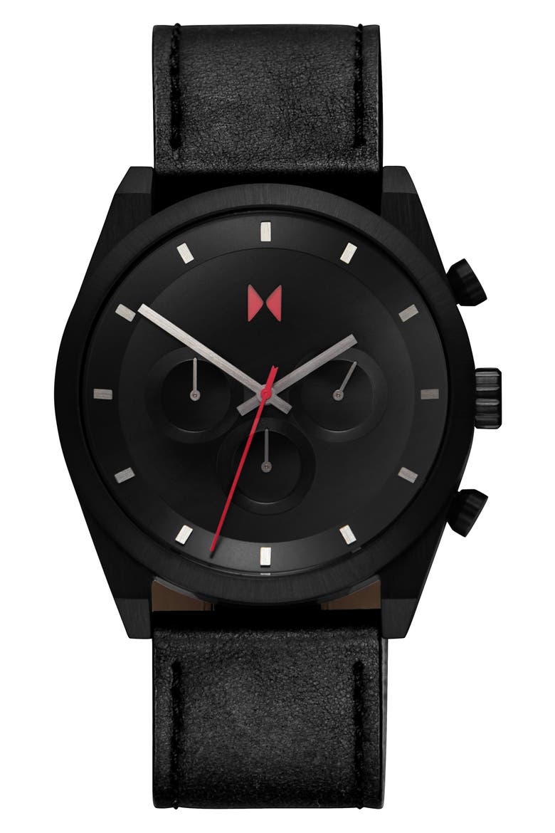 MVMT Element Chronograph Leather Strap Watch, 44mm, Main, color, BLACK
