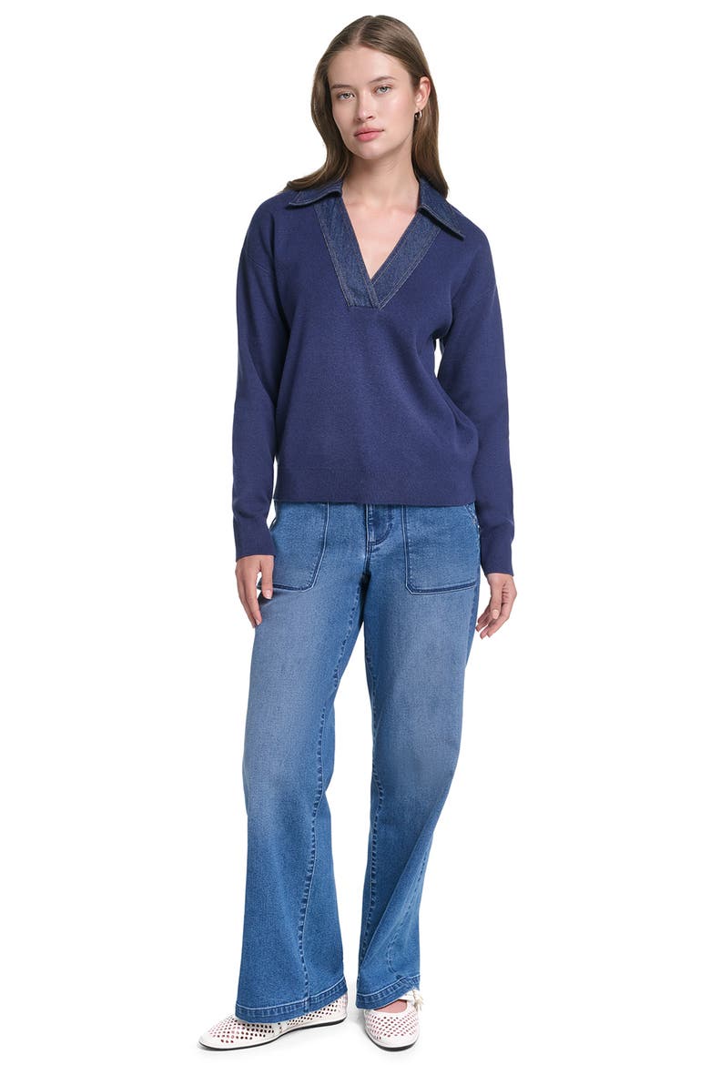 Denim Collar V-Neck Sweater, Alternate, color, NAVAL ACADEMY