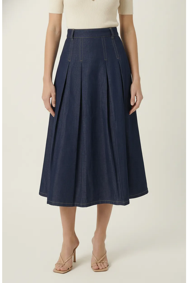High Waist Pleated Detail A-Line Midi Skirt, Main, color, Navy Blue